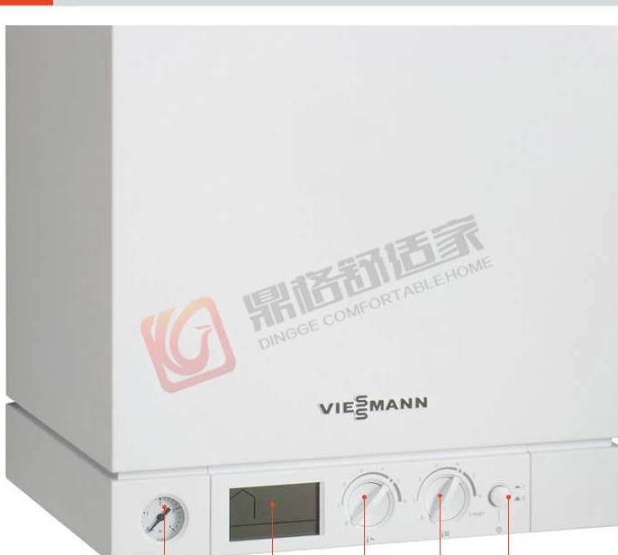 菲斯曼燃气壁挂炉正面外观:左侧为机壳侧板,正面有 VIESSMANN 品牌标识,下方控制面板含压力表、液晶显示屏与两组温度调节旋钮