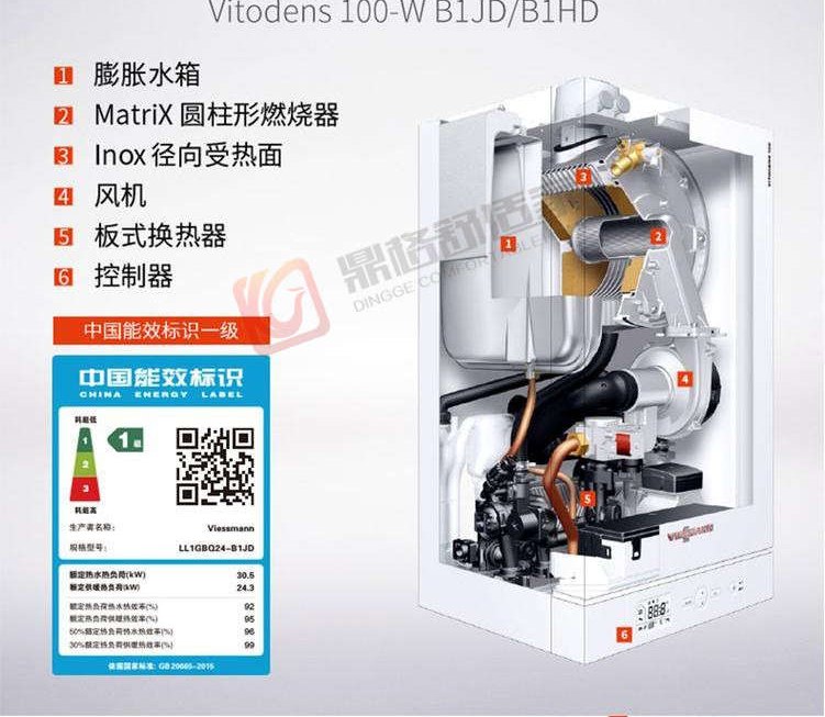 菲斯曼壁挂炉内部结构与能效标识,标注膨胀水箱、燃烧器、换热器、风机等部件